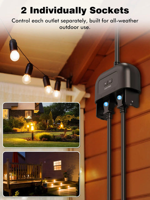 Outdoor Smart Plug IP44 With Dual Independent Outlets on patio with lights, Alexa and Google compatible, weatherproof design