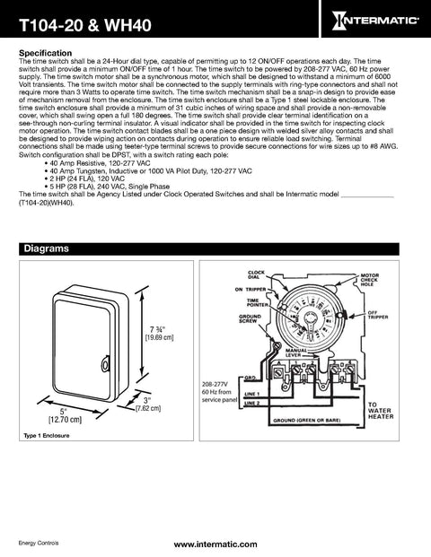 Technical diagram of No-Nonsense Electric Water Heater Timer with steel case, 10,000 Watts, 40 Amps, 250 Volts, 60 Hz