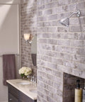 Bathroom with brick wall and Dartmoor Posi-Temp Tub Faucet Trim Kit Chrome Finish M-Pact Valve Compatible T2182 installed. 