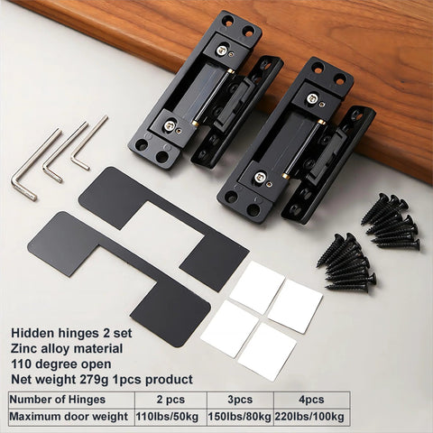 Ultra Thin Hidden Door Hinges With Adjustable Butt And Silent Operation, Heavy Duty Concealed Zinc Alloy Hinges For Secret Doors, 110 Degree Opening, No Hole Digging Needed, Low-Profile Install For Thin Doors, YCHE-02 with accessories