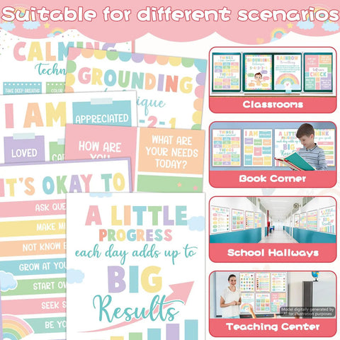 Image of the Calm Down Corner Posters for Classrooms Set, showcasing pastel emotion posters in various school settings.