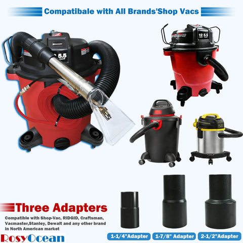 Universal Shop Vac Attachment Kit With 2-1/2 Inch, 1-7/8 Inch, And 1-1/4 Inch Adapters For Auto Detailing, Upholstery, And Carpet Cleaning