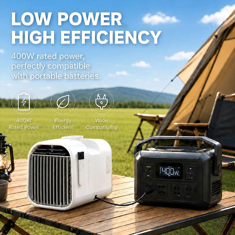 Hella Cold Blast 5100 BTU Portable Air Conditioner For Glamping And Overland Adventures connected to 400W power station outdoors.