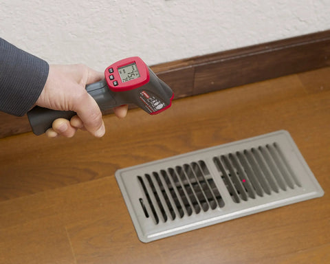 Using No Touch Infrared Thermometer With Ten To One Spot Ratio For Fast, Accurate Temperature Readings From A Distance on HVAC vent