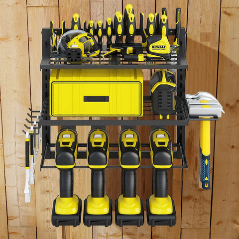 Beast Mode Power Tool Organizer Wall Mount For Garage with 3 adjustable metal shelves, cordless drill holder, hammer organizer