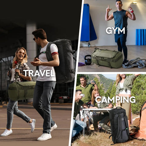 45L Black Duffle Backpack Carry On Travel Duffle Bag With Shoe Compartment Converts To Duffle Backpack Or Shoulder Bag For Camping And Weekend Trips showing versatility in travel, gym, and camping settings.