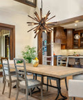 9 Light Sputnik Pendant Light Black With Natural Wood Shade Industrial Farmhouse Vibe Ceiling Fixture in dining room