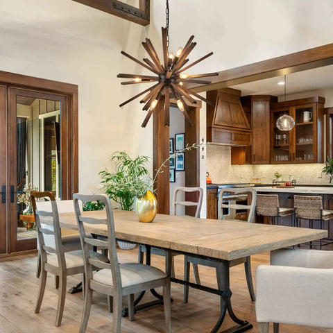 9 Light Sputnik Pendant Light Black With Natural Wood Shade Industrial Farmhouse Vibe Ceiling Fixture in dining room