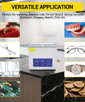 6.5 Liter Commercial Ultrasonic Cleaner With 40khz Kick And Built In Heater Hella Effective At Jewelry Watches Lab Parts Stainless Steel Tank Digital Timer Controls on a countertop.
