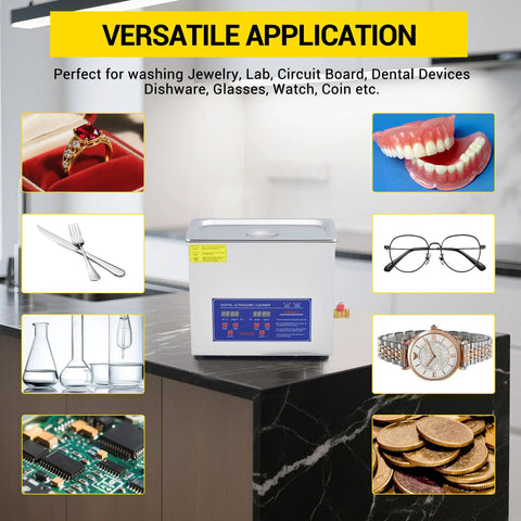 6.5 Liter Commercial Ultrasonic Cleaner With 40khz Kick And Built In Heater Hella Effective At Jewelry Watches Lab Parts Stainless Steel Tank Digital Timer Controls on a countertop.