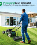 Universal Lawn Stripe Kit For Push Walk Behind Mowers With Heavy Duty Roller And Adjustable Bracket, man mowing lawn