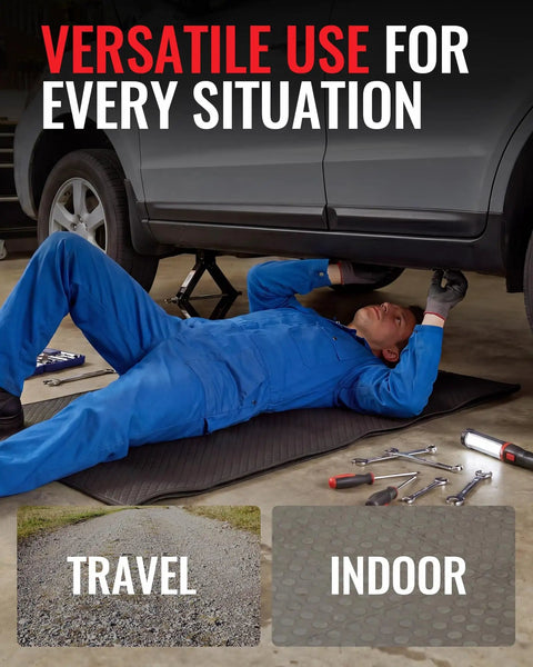 Creeper Rolling Mat Pro Grade 60 Inch By 28 Inch Portable Car Repair Mat in use with mechanic under vehicle for low clearance work