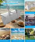 Beach Sand Rake Set With Detachable 52 Inch Handle And 16 Inch Mesh Screen, Stainless Steel Sand Sifter on beach with seashells.