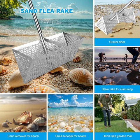 Beach Sand Rake Set With Detachable 52 Inch Handle And 16 Inch Mesh Screen, Stainless Steel Sand Sifter on beach with seashells.