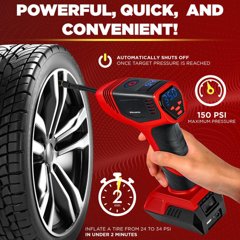 Deluxe Portable Tire Inflator And Air Compressor For Cars With Auto Shutoff 150 PSI 12V DC Car Pump in use on tire