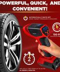 Compact Tire Inflator With Pressure Gauge, Auto Shutoff At Your Set PSI, 150 Max, USB Rechargeable Home Power, Includes Car Cigarette Lighter Cord, Quick And Easy On-The-Go Inflation For Cars, SUVs, And Trucks, As Seen On TV handheld inflator connected to car tire