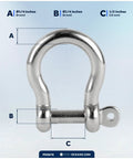 772 Pound Load 1/4 Inch 316 Marine Grade Stainless Steel Bow Anchor Shackle with measurements for precise rigging.