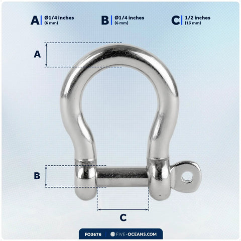 772 Pound Load 1/4 Inch 316 Marine Grade Stainless Steel Bow Anchor Shackle with measurements for precise rigging.