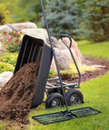 Heavy Duty 45 Inch Lawn Leveling Rake With 72 Inch Handle Yard Leveler beside cart with soil