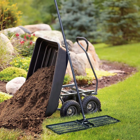 Heavy Duty 45 Inch Lawn Leveling Rake With 72 Inch Handle Yard Leveler beside cart with soil