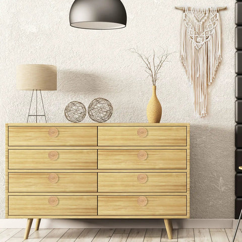 Boho Rattan Dresser Knobs Set With Six Handmade Round Wood Pulls And Six Screws Woven Wicker Cabinet Hardware in living room