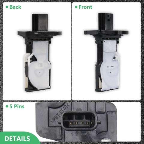 Mass Air Flow Sensor For Nissan Maxima 2016 2021 Pathfinder 2017 2020 Kicks 2018 2021 Rogue Sport 2017 2021 Versa 2018 2021 Altima 2016 2018 Sentra 2016 2019 And Infiniti QX60 2017 2020 OE 22680-5RB0A 22680-BV80B 5-pin front and back view