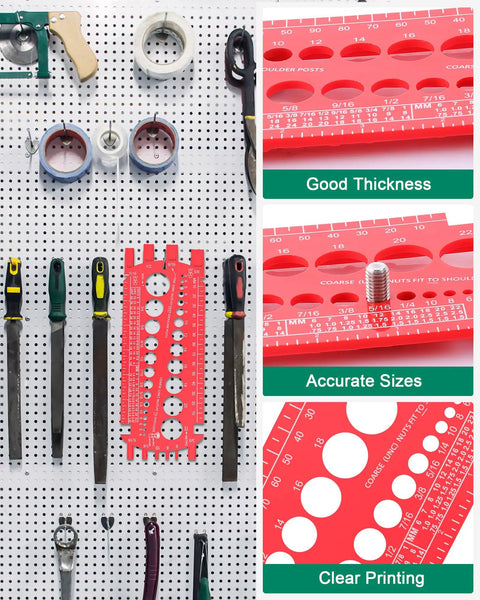 Quick Bolt Sizer Tool for Nuts and Bolts, Metric and SAE Gauge shown on a tool board, highlighting easy read size and thread gauge features