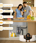 Low Key Quiet Three Quarter HP Continuous Feed Garbage Disposal With Sound Dampening Insulation And Thick Splash Guard Power Cord Included Dishwasher Hook Up Durable Vibration Block And Easy Kitchen Install in modern kitchen with couple and dog