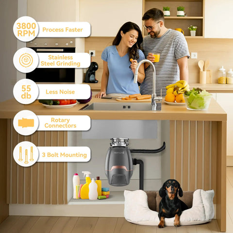 Low Key Quiet Three Quarter HP Continuous Feed Garbage Disposal With Sound Dampening Insulation And Thick Splash Guard Power Cord Included Dishwasher Hook Up Durable Vibration Block And Easy Kitchen Install in modern kitchen with couple and dog