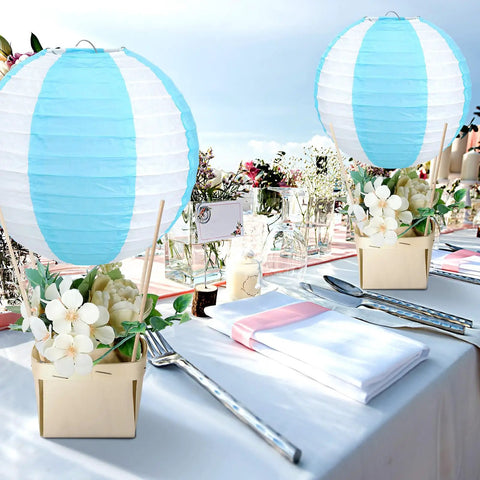 Dope DIY Hot Air Balloon Centerpieces Kit With 12 Blue And White Striped Paper Lanterns, Wooden Baskets, Party Table Decor