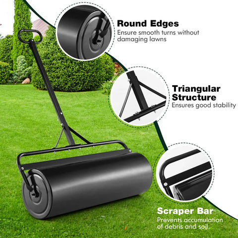 Tow Behind And Manual Lawn Roller 30 Gallon Water Filled Steel Sod Roller with Push Pull Handle on grassy lawn