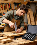Get The Ultimate Titanium Screw Extractor Kit With Six Pieces For Easy Removal Of Stripped Rusty Bolts And Damaged Screws Made From HSS 4341 Steel For Heavy Duty Home Repairs That Just Work Like Magic On All Your Broken Hardware Projects. six-piece HSS 4341 steel screw extractor kit used on a stripped screw in a wood workshop