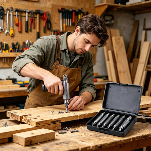 Get The Ultimate Titanium Screw Extractor Kit With Six Pieces For Easy Removal Of Stripped Rusty Bolts And Damaged Screws Made From HSS 4341 Steel For Heavy Duty Home Repairs That Just Work Like Magic On All Your Broken Hardware Projects. six-piece HSS 4341 steel screw extractor kit used on a stripped screw in a wood workshop
