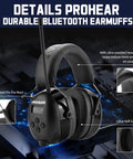 033 Upgraded Bluetooth 5.4 Hearing Protection Headphones With FM AM Radio OSHA Compliant 25dB NRR Earmuffs Black front view