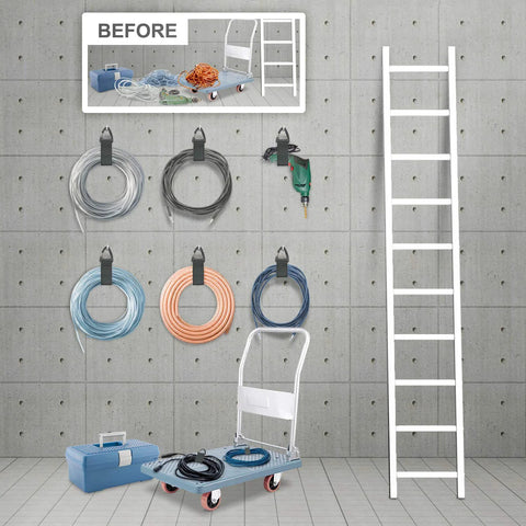 Eight Piece Heavy Duty Cable Organizer Set For Garage And Workshop Storage Holds Cables Hoses Ropes Mounted on Wall