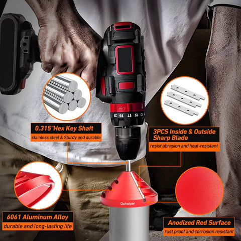 2-in-1 PVC deburring tool with red anodized aluminum body and inner/outer chamfer blades.