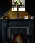 Irish Tiffany Style Table Lamp With Stained Glass Shade, Bronze Metal Base on mantel, 18 Inch Tall, 12 Inch Shade