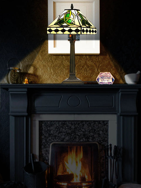 Irish Tiffany Style Table Lamp With Stained Glass Shade, Bronze Metal Base on mantel, 18 Inch Tall, 12 Inch Shade