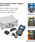 Portable 4 In 1 Gas Detector Monitor With Digital LCD Display Rechargeable Gas Meter Tester Analyzer Four Alarm Modes Voice Sound Light Vibration Alarm Compact Black with accessories and carrying case visible.