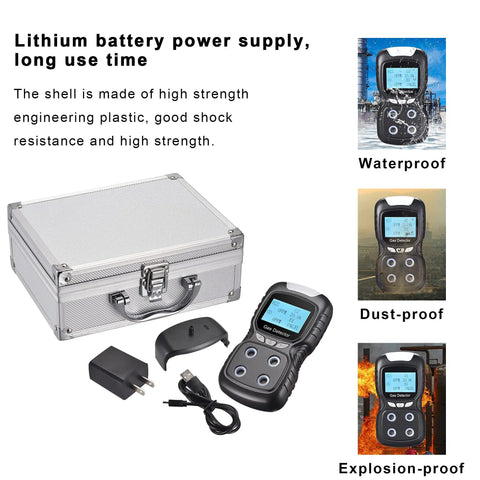 Portable 4 In 1 Gas Detector Monitor With Digital LCD Display Rechargeable Gas Meter Tester Analyzer Four Alarm Modes Voice Sound Light Vibration Alarm Compact Black with accessories and carrying case visible.