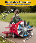 Child riding red Ride On Airplane With Remote Control For Kids, joystick steering, on a park path.
