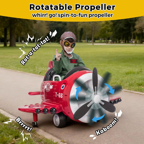 Child riding red Ride On Airplane With Remote Control For Kids, joystick steering, on a park path.