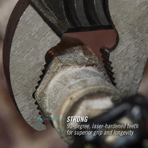 Close-up of Tongue And Groove Pliers 12 Inch With V Jaw And Undercut Tongue And Groove Design gripping a metal bolt securely