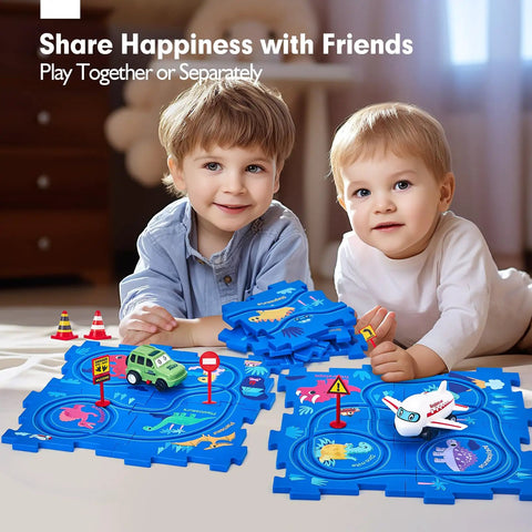 Puzzle Racer Kid Friendly Cars Track Set For Ages 3 To 5 Large 12 Piece Puzzle with kids playing in background