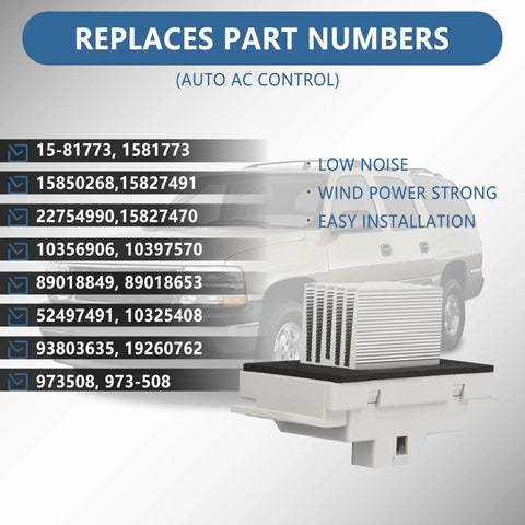 Blower Motor Resistor Kit With Wiring Harness For Chevy GMC Rides 2003-2007, shown with part numbers and vehicle in background.