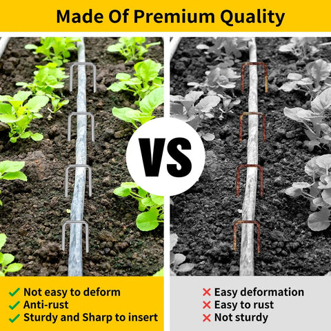 Comparison of 200 Pack 6 Inch Landscape Staples, 11 Gauge Galvanized U Shaped Garden Stakes vs rusty garden staples