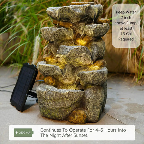 Solar Water Fountain Outdoor Garden 19.3 Inch Cascading Stone Design Five Tier Rock Feature Waterfalls With LED Lights