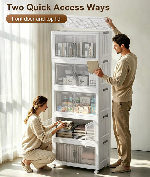 Slick 5 Tier Stackable Storage Bins With Removable Locking Covers And Clear Front Doors 415 QT Rolling Organizer Rock Solid Casters For Hella Spacious Home Wardrobe And Toy Clutter Management