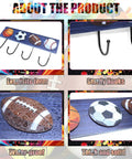Hang Your Game Day Gear On This Slick Sturdy Four Hook Wooden Wall Rack Built For Displaying Baseball Basketball Football Jerseys And Athletic Room Storage, featuring sports-themed hooks.