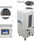 No Sweat 20400 Btu Industrial Spot Cooler, Portable Air Conditioner showing air strainer, microcomputer control, and exhaust fan.